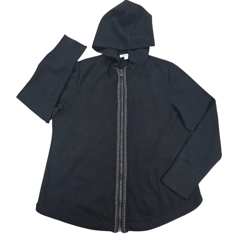 Chico's Beaded Trim Full Zip Knit Hoodie Jacket Black Sz 1 Med Women Athleisure
